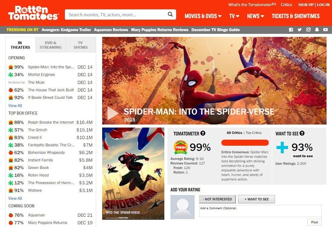 "Homem-Aranha: No Aranhaverso" no Rotten Tomatoes (Foto: Reprodução)