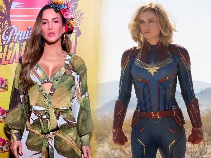 Claudia Leitte vai usar figurinos inspirados no uniforme da Capitã Marvel durante o Carnaval (Fotos: Divulgação)