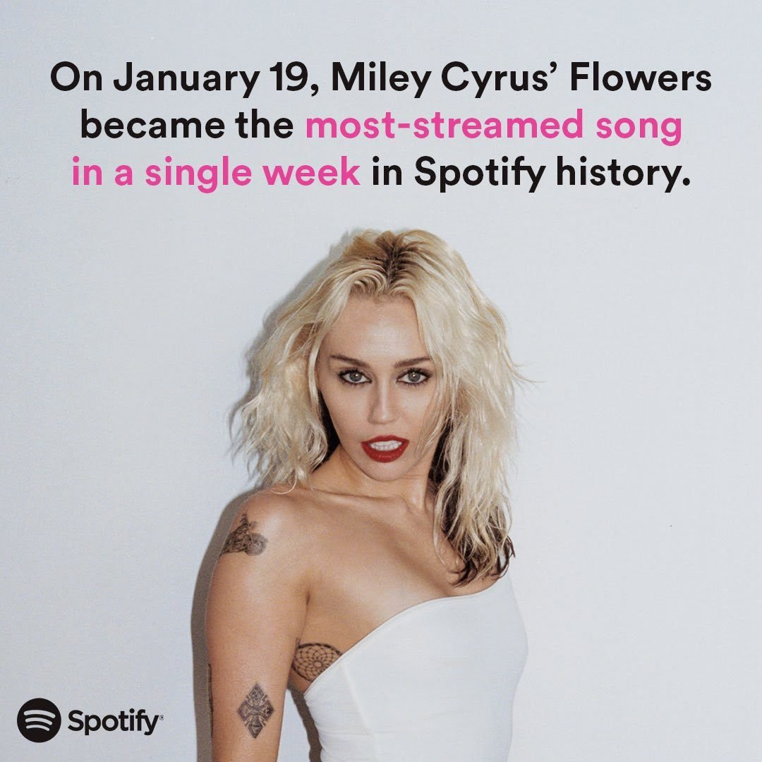 "Flowers", de Miley Cyrus, é a música mais ouvida em uma semana na história do Spotify