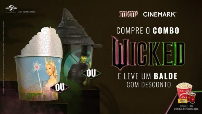 Cinemark lança combo de "Wicked" com baldes colecionáveis de Elphaba e Glinda (Foto: Divulgação/Cinemark)