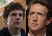 Jesse Eisenberg critica a Meta e diz que não quer ser associado a Zuckerberg, expressando preocupação com suas decisões (Fotos: Divulgação | Getty Images)