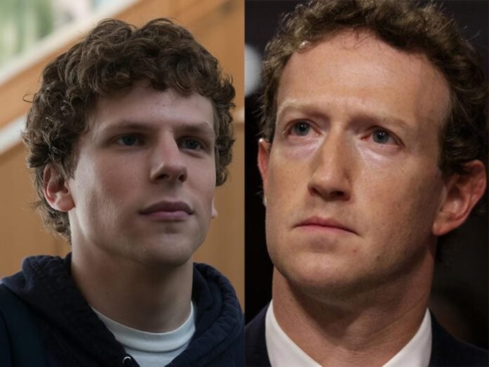 Jesse Eisenberg critica a Meta e diz que não quer ser associado a Zuckerberg, expressando preocupação com suas decisões (Fotos: Divulgação | Getty Images)