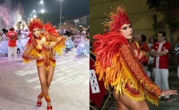 Rainha da Estácio, Alice Alves apresenta figurino ‘Fênix’ na Série Ouro Alice Alves renasce como 'Fênix' e é ovacionada em mini desfile da Estácio de Sá (Foto: Jorgemar Branco Braga)