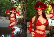 Jaquelline leva look do Amazonas a mini desfile da Unidos de Padre Miguel Jaquelline apresenta figurino indígena em mini desfile da Unidos de Padre Miguel no Rio (Foto: Wallace Ximenes)