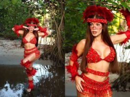 Jaquelline leva look do Amazonas a mini desfile da Unidos de Padre Miguel Jaquelline apresenta figurino indígena em mini desfile da Unidos de Padre Miguel no Rio (Foto: Wallace Ximenes)