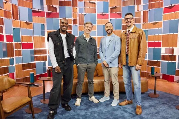 João Vicente, Francisco Bosco, Gil do Vigor e Rafael Zulu apresentam nova temporada de 'Pado de Segunda', no GNT (Foto: GNT/Ju Coutinho)