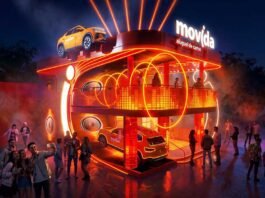 Estande da Movida terá caixas de som circulares e painéis de LED na fachada (Foto: Divulgação/Movida)