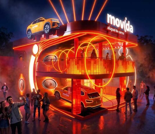 Movida terá karaokê e jogo de dança em seu estande no Rock in Rio 2026 Estande da Movida terá caixas de som circulares e painéis de LED na fachada (Foto: Divulgação/Movida)