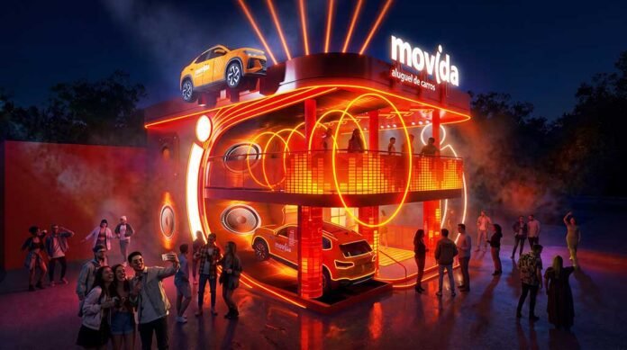 Estande da Movida terá caixas de som circulares e painéis de LED na fachada (Foto: Divulgação/Movida)