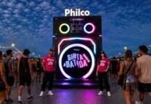 Philco cria caixa de som e leva Beat Hero ao Rock in Rio 2026 Estande da Philco recria uma caixa de som de aproximadamente 5 metros de altura (Foto: Divulgação/Philco)