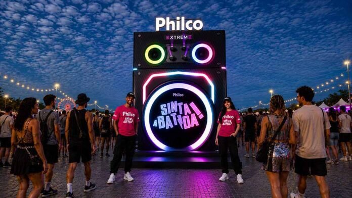 Estande da Philco recria uma caixa de som de aproximadamente 5 metros de altura (Foto: Divulgação/Philco)